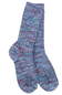 A pair of hand-knit crew socks in a heathered marled pattern of blue, purple, and pink yarn, shown against a plain white background.