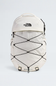 White backpack with black accents and 'The North Face' logo on a light gray background