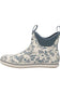 A single ankle-height rubber rain boot with a light gray and off-white camouflage pattern, a dark gray elastic side panel, and a pull tab at the back, shown against a plain white background.