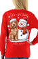 A woman wearing a bright red long-sleeve shirt, viewed from the back. The shirt features a large graphic print of a brown curly-haired dog and a snowman wearing Santa hats and a red scarf, with the text 'Let It Snow' and 'simply southern' collection'.