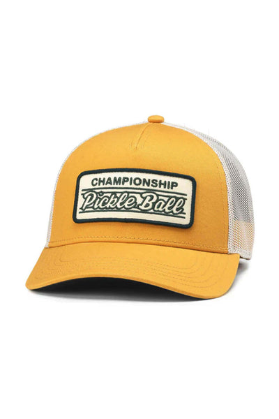 American Needle Pickle Ball Twill Valin Patch Trucker Hat in Yellow