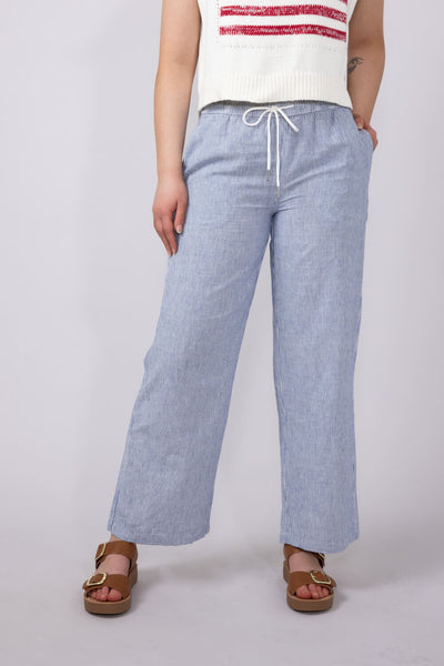 Pinstripe Drawstring Linen Pants for Women in Blue