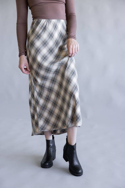 Plaid Midi Skirt for Women in Charcoal