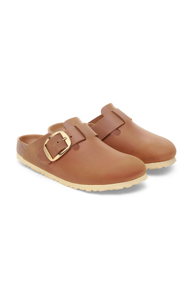 Birkenstock Boston Big Buckle Oiled Leather Clogs for Women in Cognac Brown