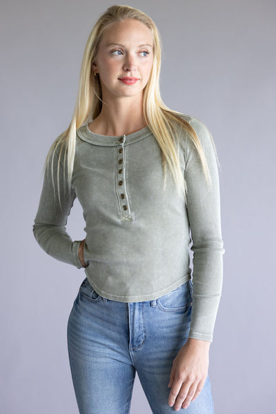 Blu Pepper Mineral Wash Henley Shirt for Women in Olive