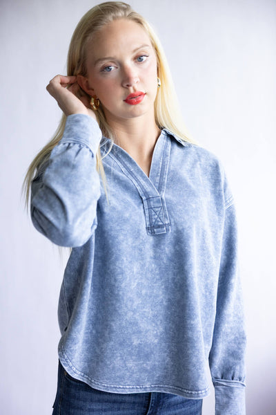 Blu Pepper Mineral Wash Knit Johnny Collar Shirt for Women in Blue