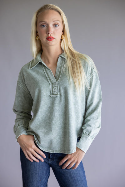 Blu Pepper Mineral Wash Knit Johnny Collar Shirt for Women in Olive
