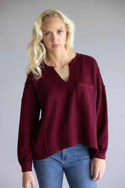 Blu Pepper Notched V-neck Knit Top for Women in Deep Red