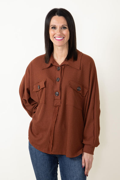 Bucketlist French Terry Button Up Sweater for Women in Brown