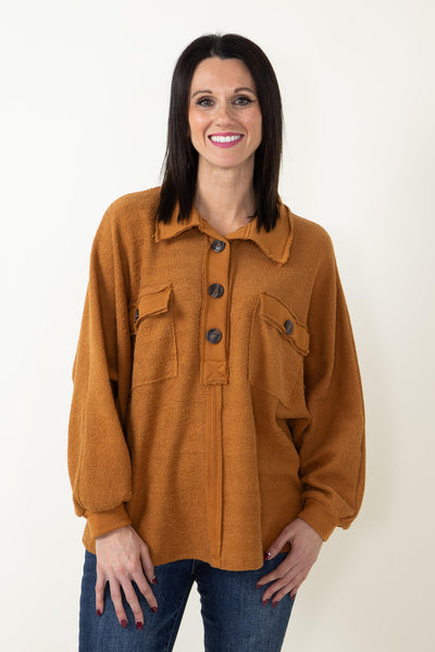 Bucketlist French Terry Button Up Sweater for Women in Camel Brown