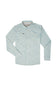 A light blue and white micro-patterned long-sleeve button-down shirt with a mandarin collar, laid flat against a white background.