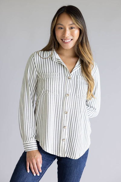 C&C California Marina Luxe Essential Striped Button Up Shirt for Women in White