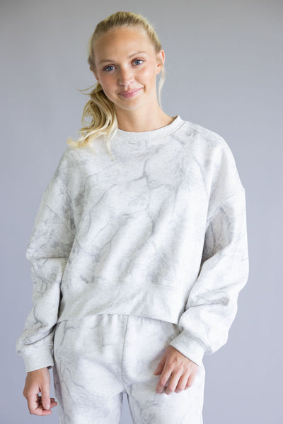 Camo Drop Shoulder Crewneck Fleece Sweatshirt for Women in Grey