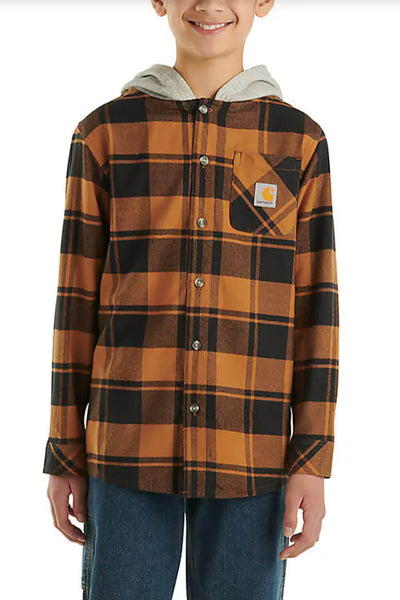 Carhartt Hooded Flannel Shirt for Boys in Brown Plaid