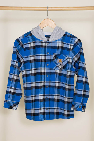 Carhartt Youth Flannel Button Front Hooded Shirt for Boys in Blue