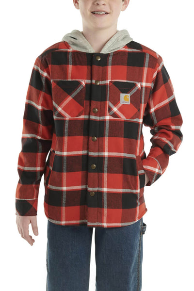Carhartt Youth Flannel Button-Down Hooded Jacket for Boys in Red