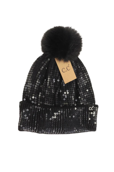 C.C Beanie Sequin Pom Beanie for Women in Black