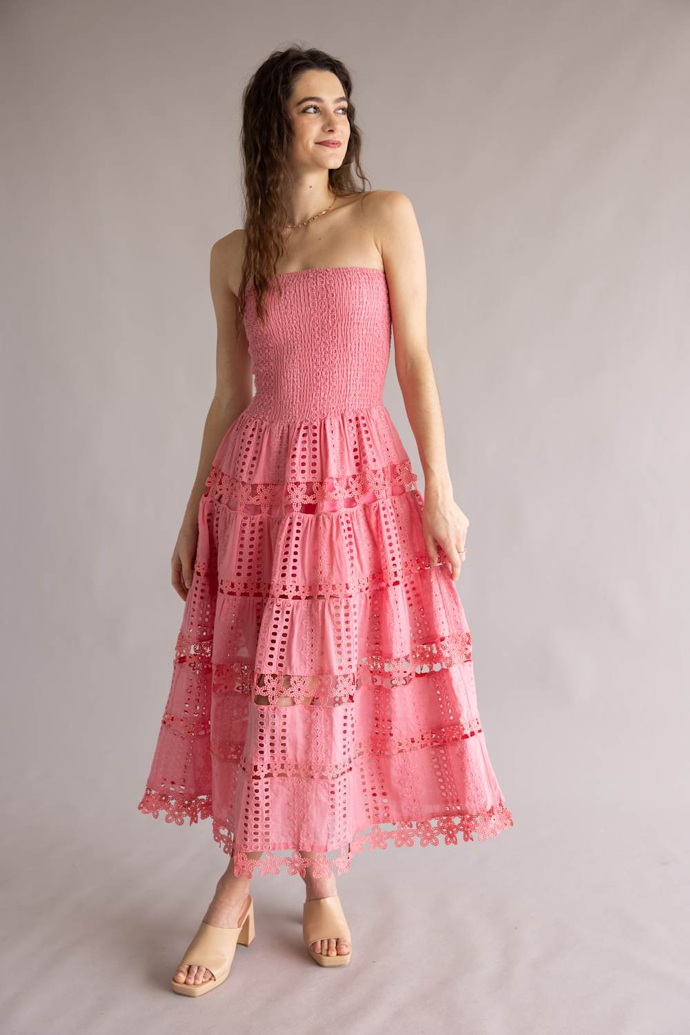 Strut & Bolt Eyelet Strapless Midi Dress for Women in Confetti Pink at Glik's , M