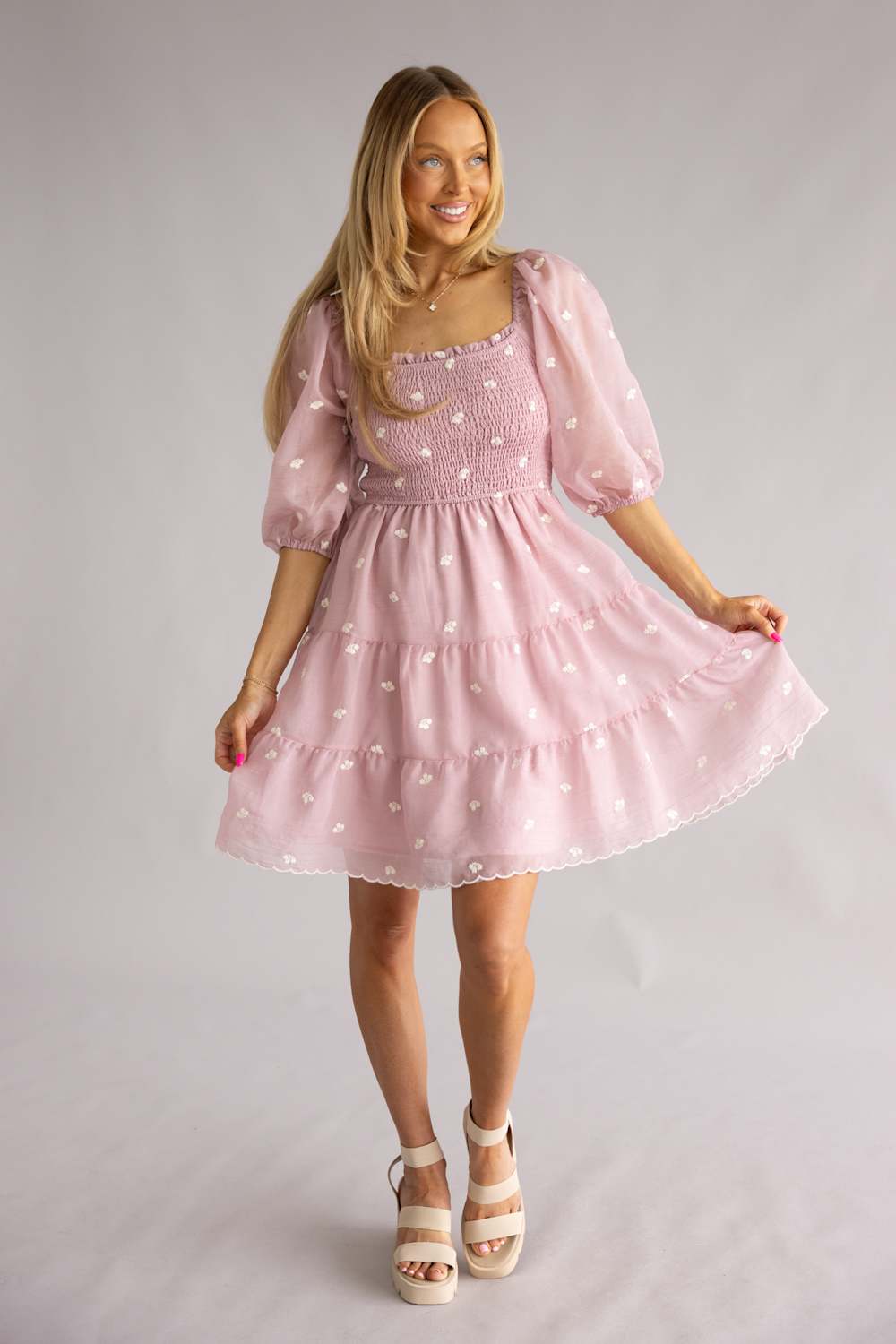 Smocked Polka Dot Short Dress for Women in Lilac | R8368-1-PNK Glik's Smocked Polka Dot Short Dress for Women in Lilac | R8368-1-PNK Glik's