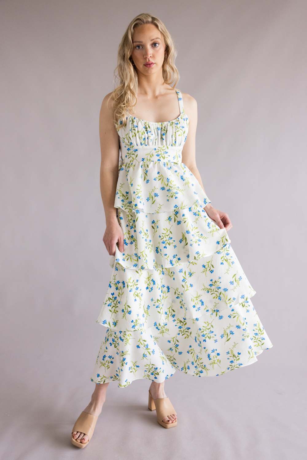 Floral Tiered Ruffle Tie Back Midi Dress - Blue Multi Small Floral Tiered Ruffle Tie Back Midi Dress - Blue Multi Small