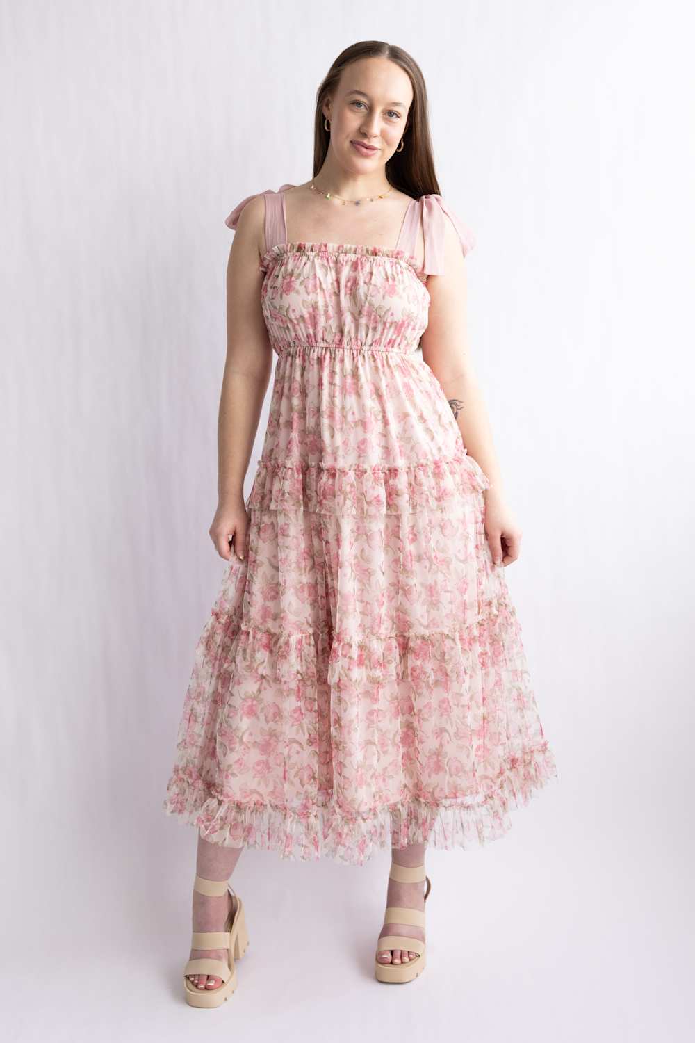 Blu Pepper Mesh Floral Print Sleeveless Tie Shoulder Tiered Midi Dress, Womens, Juniors, M, Pink Multi