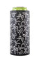 A black can cooler sleeve with a white bow pattern, holding a green can, on a white background.