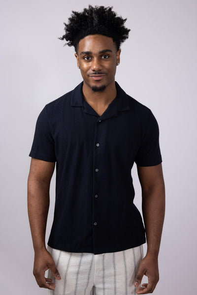 Denim & Flower Textured Knit Button-Down Shirt for Men in Black