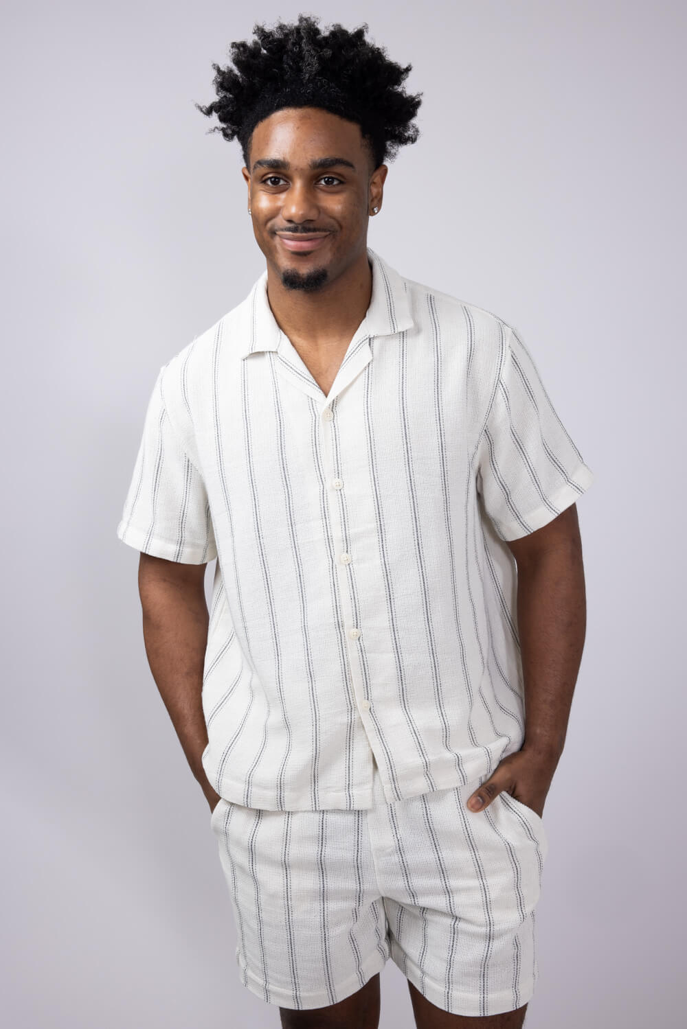 Denim & Flower Textured Striped Button Up Shirt for Men in Off