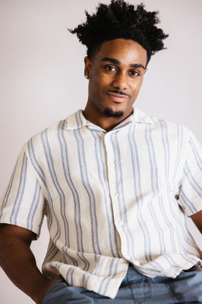 Denim & Flower Textured Striped Button-Down shirt for Men in Blue/Off White