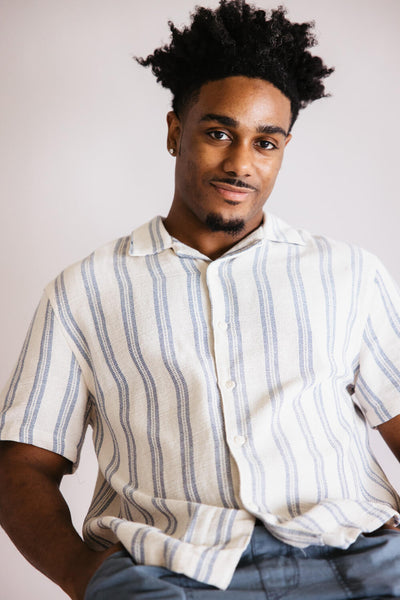 Denim & Flower Textured Striped Button Up Shirt for Men in Denim & Flower Textured Striped Button Up Shirt for Men in