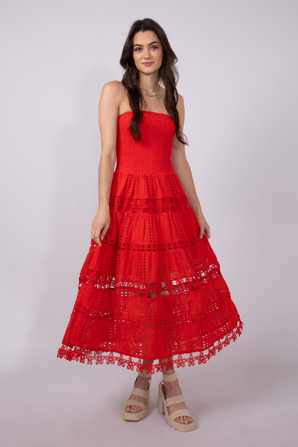 Strut & Bolt Eyelet Strapless Midi Dress for Women in Red at Glik's , L