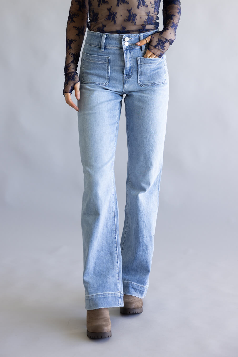 Flying Monkey High-Rise Patch Pocket Flare Jeans for Women | F5655