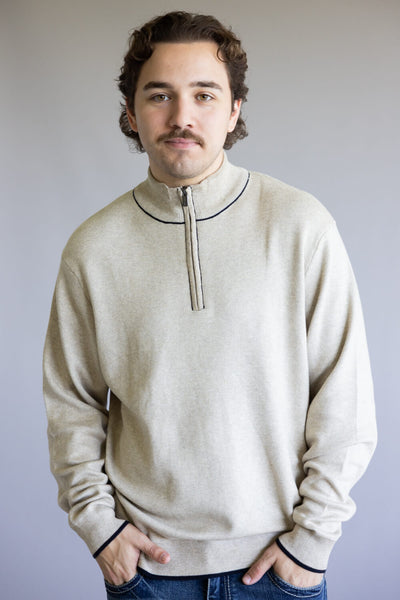 Quarter Neck Sweater for Men in Oatmeal Heather