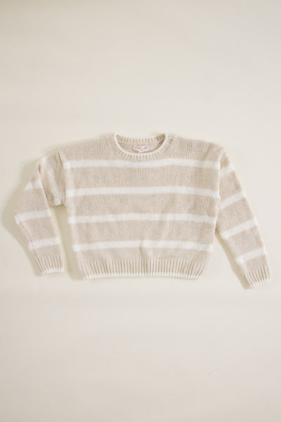 Youth Chenille Striped Crew Neck Sweater for Girls in Eggwhite