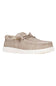 A single woven slip-on shoe in a light taupe-beige color with a white speckled sole, shown against a plain white background.