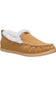 A single tan suede slip-on moccasin-style slipper with white faux-fur lining and a light tan sole, shown on a plain white background.