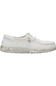 A white slip-on shoe with a textured mesh upper, matching white laces, and a chunky, speckled white sole, shown against a plain white background.