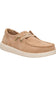 A light tan suede boat shoe with matching laces and a thick white sole, shown from a side angle on a white background.