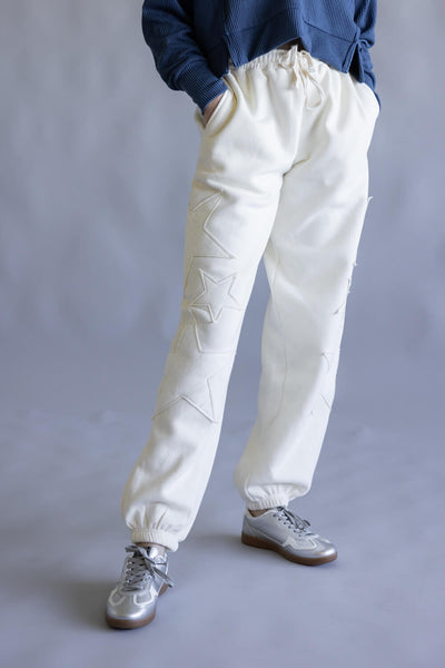 Star Patch Drawstring Jogger Sweatpants for Women in Cream