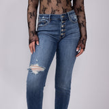 Judy Blue Mid Rise Distress Button Fly Boyfriend Jeans for Women