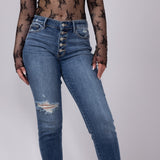 Judy Blue Mid Rise Distress Button Fly Boyfriend Jeans for Women