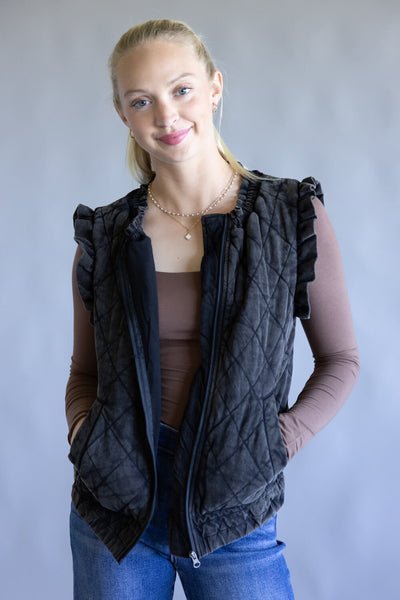 Garment Washed Quilted Ruffle Sleeve Vest for Women in Charcoal