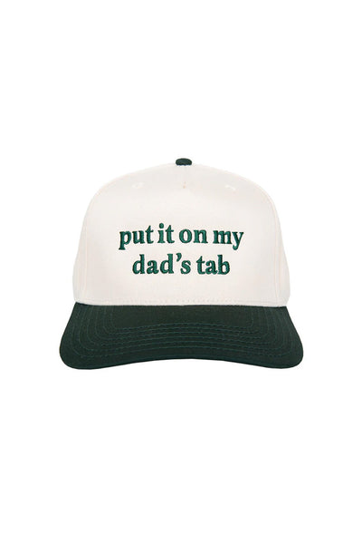 Put It On My Dad’s Tab Trucker Hat for Women in Green/Tan