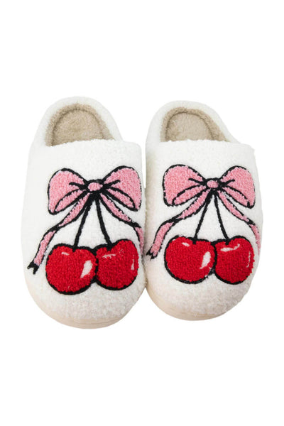 Cherry Bow Bunny Slippers for Women in White