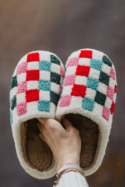Christmas Multi Colored Checker Bunny Slippers for Women in White
