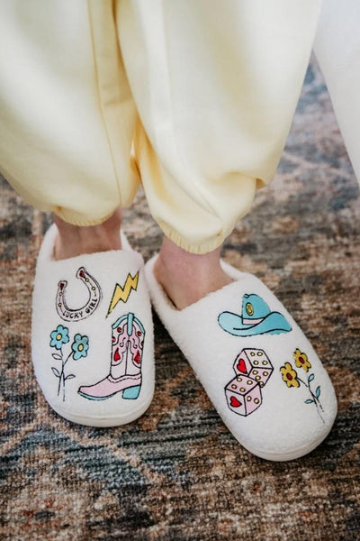 Cowgirl Patch Slippers for Women in White