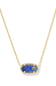 A gold chain necklace featuring an oval-shaped blue lapis lazuli stone pendant with a gold border, set against a plain white background.