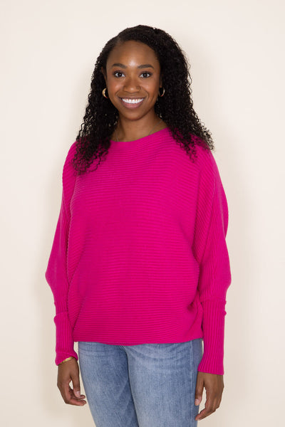 La Miel Ribbed Dolman Sweater for Women in Fuchsia