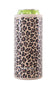 A slim can cooler sleeve with a brown and black leopard print pattern on a beige background, shown holding a green can on a white background.