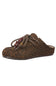 A brown and black leopard print slip-on mule shoe with thick braided brown laces and a decorative red and gold bead tassel, shown against a plain white background.